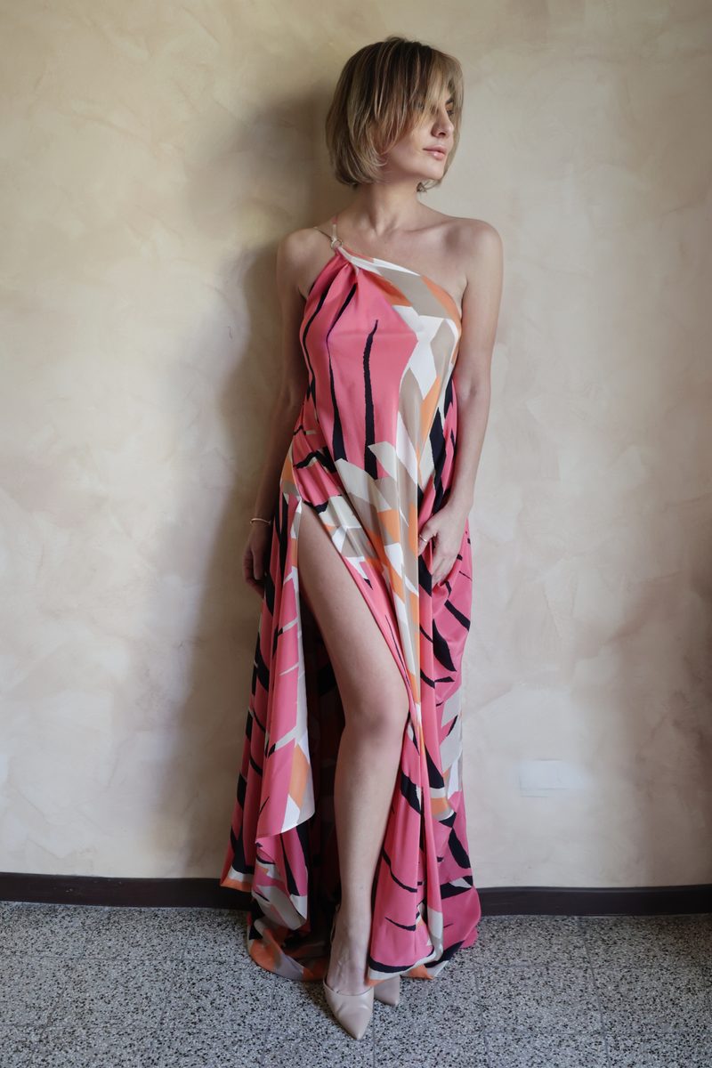 Coral Sunset asymmetric silk dress in pink, coral, orange and navy abstract print, front view