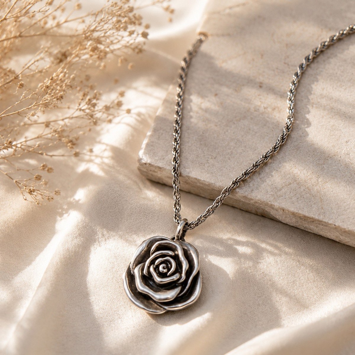 Sculptural sterling silver rose pendant on a rope chain, resting on cream silk