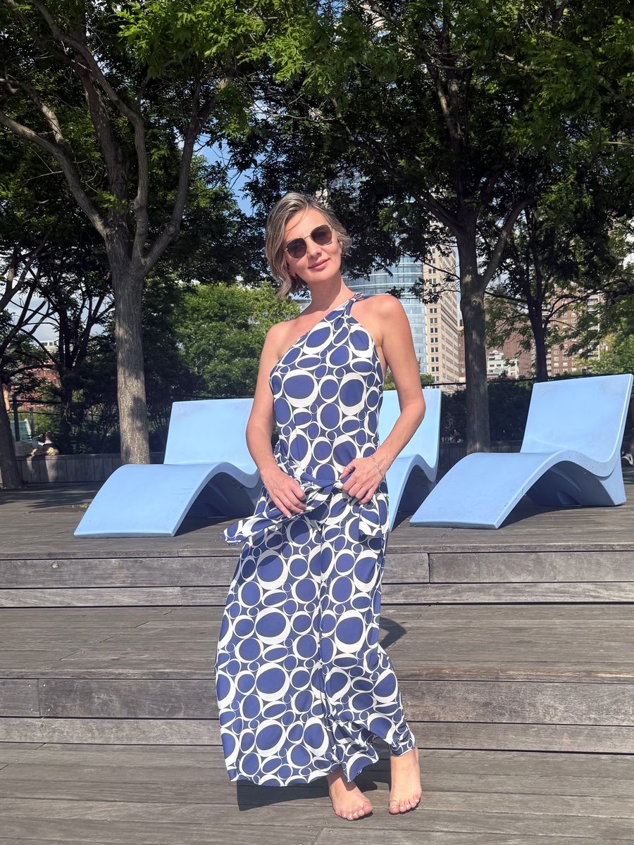 Azzurra asymmetric maxi dress in blue-and-white print, front view