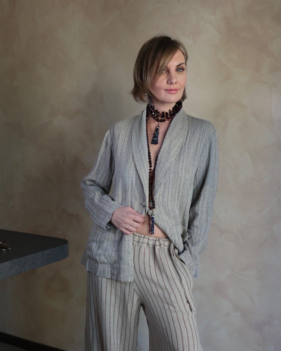 Unlined pinstripe linen blazer with shawl collar, portrait view