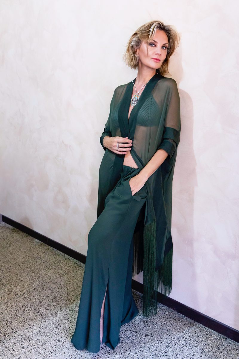 Sheer emerald silk chiffon robe with silk fringe, full-length side view