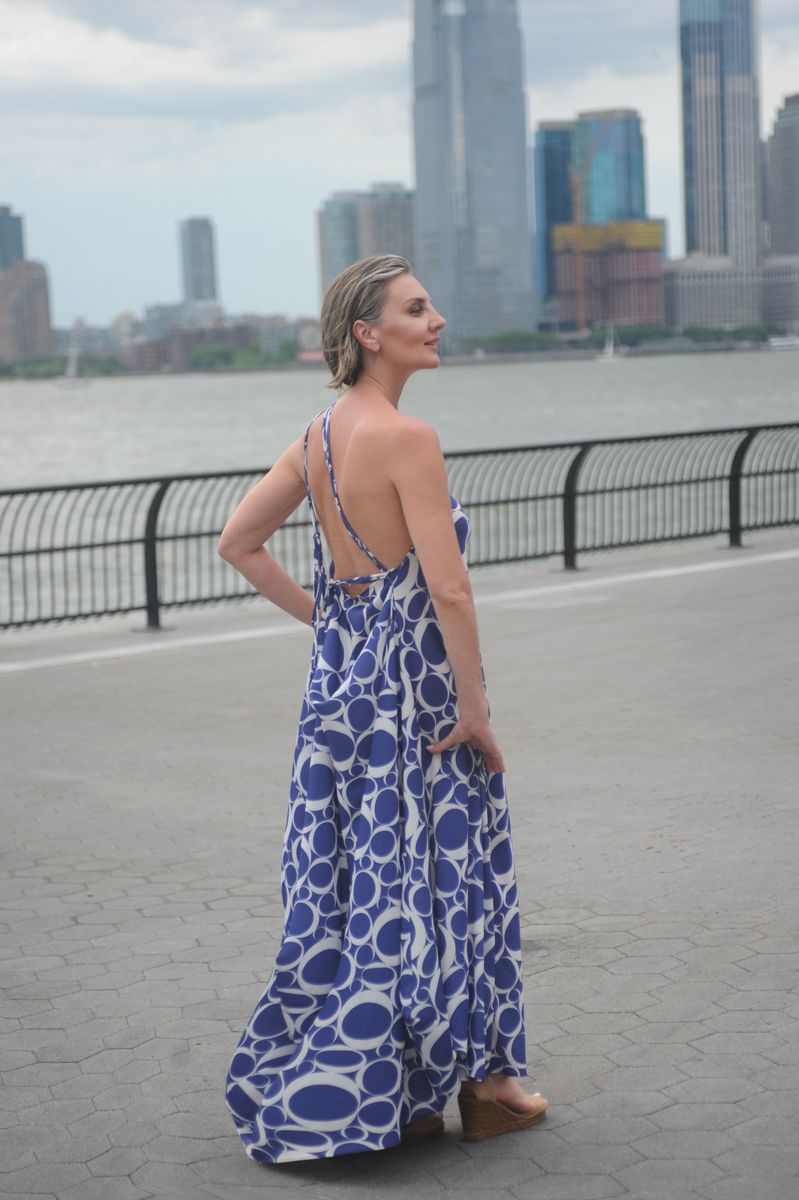 Azzurra asymmetric maxi dress, open cross-strap back