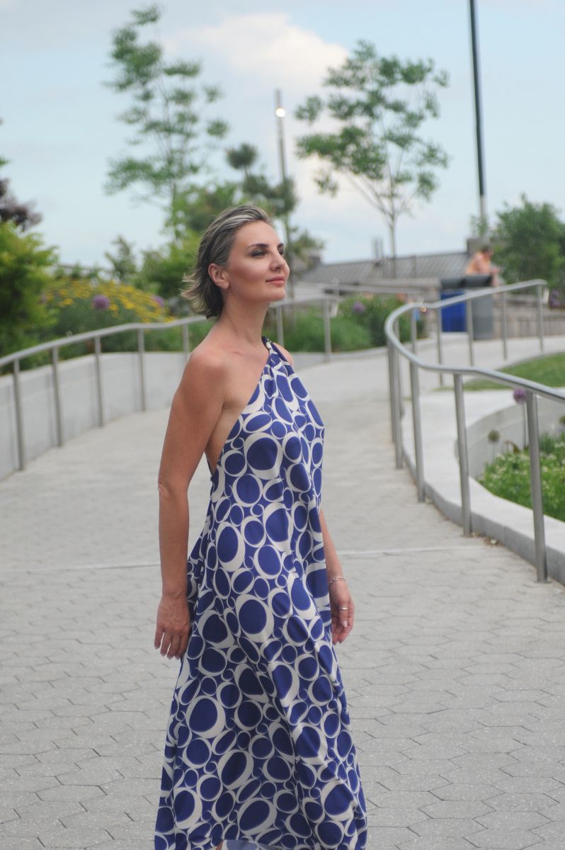 Azzurra asymmetric maxi dress, side profile